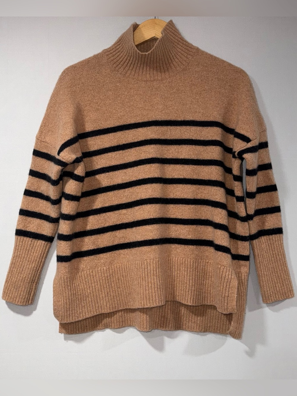 Boden 100% Merino Wool Camel Brown Black Striped Turtleneck Sweater | Women 12